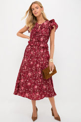 Oxblood Multi Floral Midi Dress